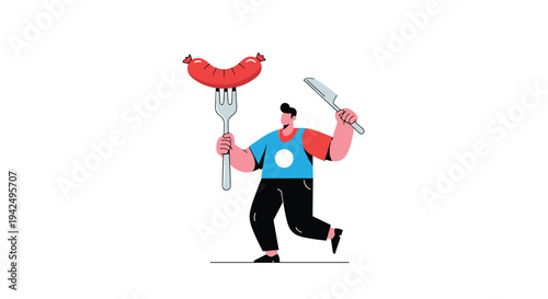 Strong man holding a giant sausage on a fork and a knife while running, representing appetite and food industry concepts.