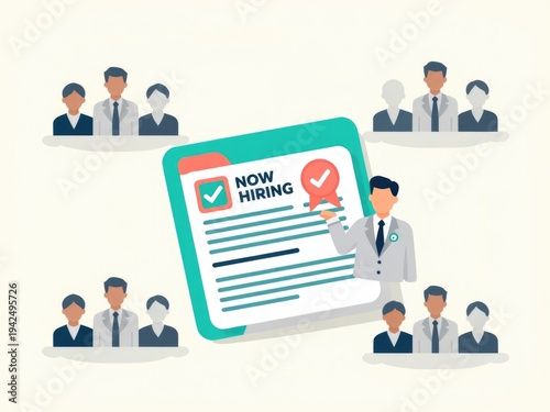 Now hiring illustration with recruiter and candidate groups