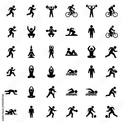 People engaging in various sports and fitness activities illustrated in a grid pattern.