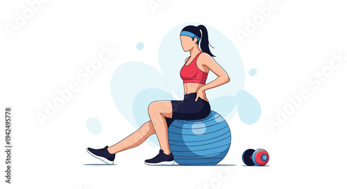 Fit young woman sitting on a blue exercise ball while resting during her gym workout session with a dumbbell nearby.