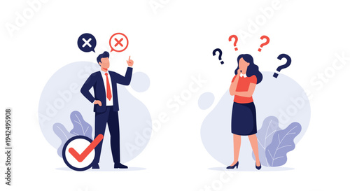 Business communication concept showing a man providing clear answers while a woman expresses confusion and doubt.