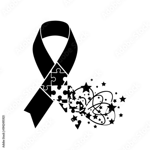 Autism awareness ribbon with puzzle pieces and stars illustration