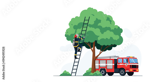 Brave firefighter climbing a long ladder up a tall green tree to perform a rescue operation near a red fire truck.