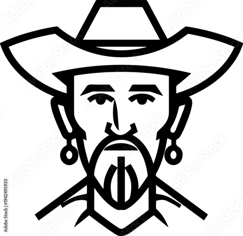 Hand Drawn Male Pirate Black and White Avatar Illustration in Minimal Line Art Style Design