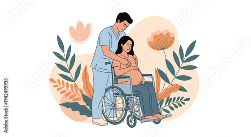 Dedicated male healthcare worker assisting a pregnant woman in a wheelchair within a hospital or clinic setting.