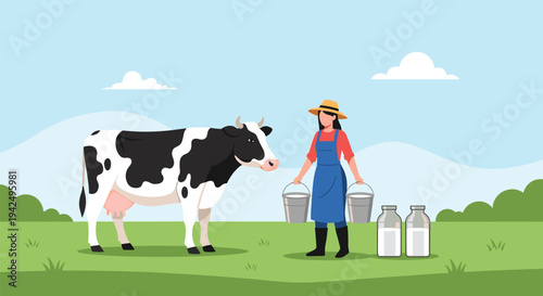 Hardworking female farmer holding buckets of fresh milk while standing next to a cow on a green dairy farm pasture.