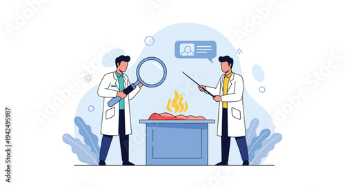 Professional researchers in white lab coats conducting a scientific experiment with heat and a magnifying glass.