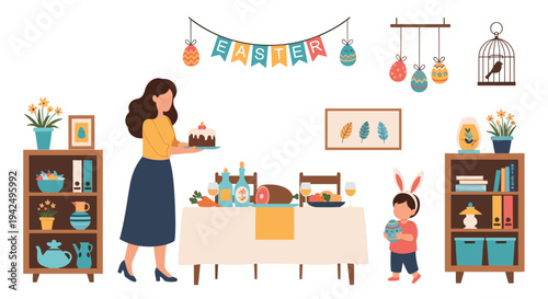 Joyful family Easter celebration with a woman bringing a cake to the dinner table and a child wearing bunny ears.