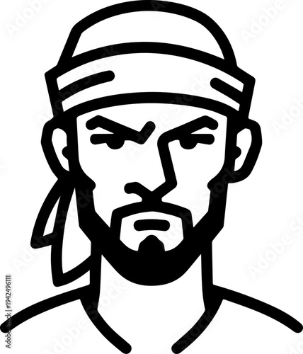 Hand Drawn Male Pirate Black and White Avatar Illustration in Minimal Line Art Style Design