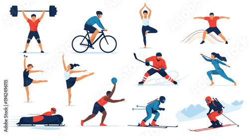 Diverse collection of athletes engaged in various indoor and outdoor sports for health and fitness concepts.