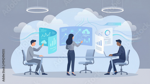 Business meeting with cloud analytics and saas dashboard technology, modern office background illustration