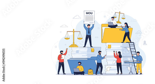 Business law and legal documentation concept featuring people managing contracts, files, and memorandums of understanding.