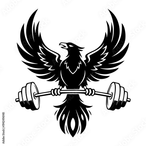 Eagle lifting barbell with wings spread wide illustration graphic