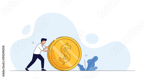 Motivated businessman pushing a giant golden dollar coin to represent financial growth and investment success.