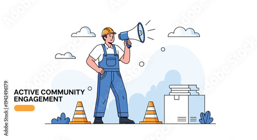 Active community engagement concept with a construction worker using a megaphone to communicate with the public.