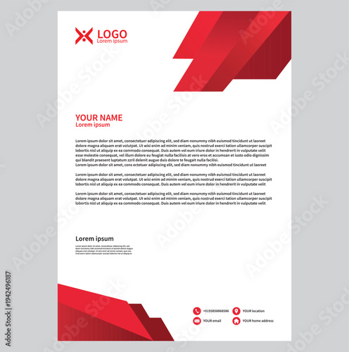 Professional corporate letterhead template with red abstract design
