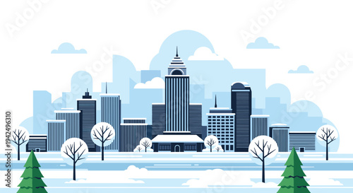 Serene winter cityscape featuring modern skyscrapers covered in snow under a clear sky with pine trees.