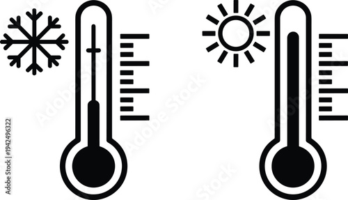 Thermometer icons representing hot and cold temperature with sun and snowflake symbols for weather and climate control systems