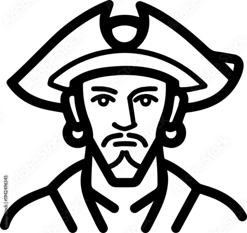 Hand Drawn Male Pirate Black and White Avatar Illustration in Minimal Line Art Style Design