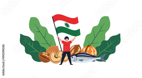 Proud Indian citizen celebrating national identity alongside traditional food items like nuts and fish.