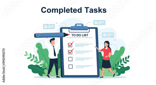 Successful task management concept with team members celebrating completed tasks on a giant to do list.