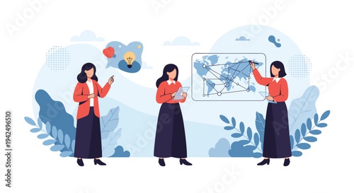 Diverse group of professional women collaborates on global business strategies while analyzing a world map and sharing innovative ideas.