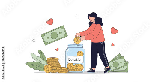 Young woman actively contributes to charity by placing a gold coin into a large glass donation jar surrounded by money and hearts.