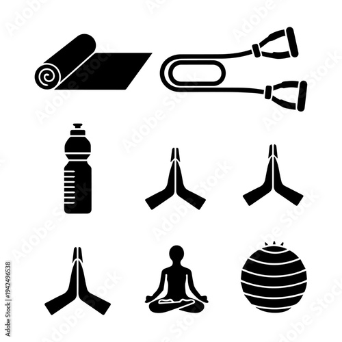 Yoga practice with accessories and meditation posture illustrated icons