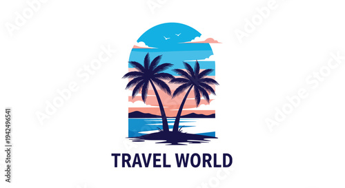 Travel world logo showcases a tropical sunset scene with silhouettes of palm trees by the ocean inside a stylized arched frame.