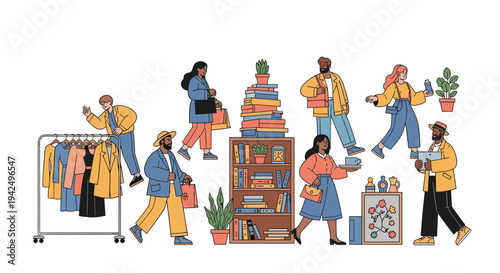 Diverse shoppers explore a vibrant marketplace filled with clothing racks and bookshelves while carrying bags and choosing items.