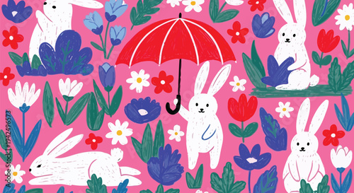 Pink seamless pattern with hares, spring flora and parasols