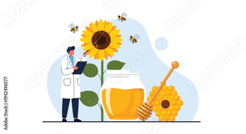 Scientist in a white lab coat conducts research on a large sunflower while surrounded by honeybees and jars of fresh golden honey.