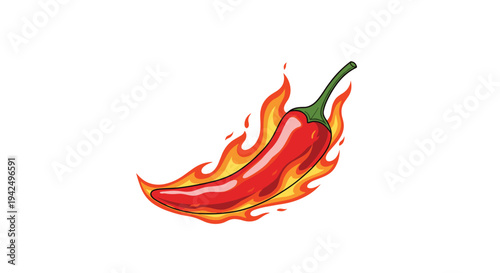 Hot red chili pepper is engulfed in vibrant orange flames to represent extreme spiciness and intense heat in food and cooking.