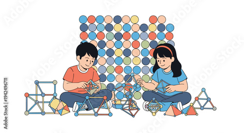 Young boy and girl sit on the floor playing with colorful geometric building sets while exploring creativity and spatial reasoning.