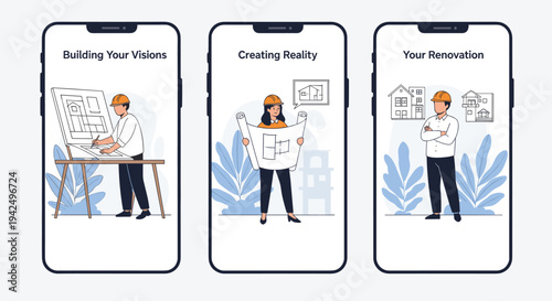 Architect mobile app screens demonstrate building visions through professional blueprints, floor plans, and renovation management tools.