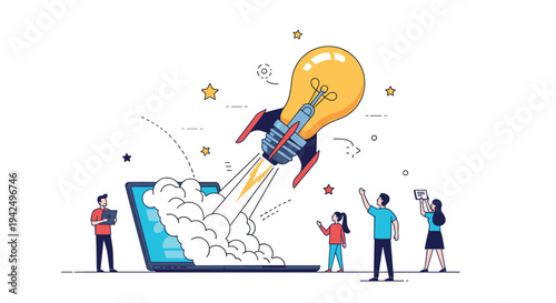 Creative startup launch is visualized as a rocket lightbulb taking off from a laptop screen while people cheer and observe.
