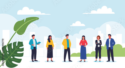 Diverse group of professional and casual people stands together in a modern city park setting with a leafy plant in the foreground.