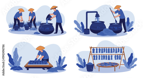 Traditional indigo dye production process is depicted through various stages of soaking, stirring, and drying blue fabric in a village.