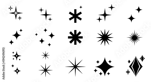 A collection of black star shapes and symbols displayed on a white background