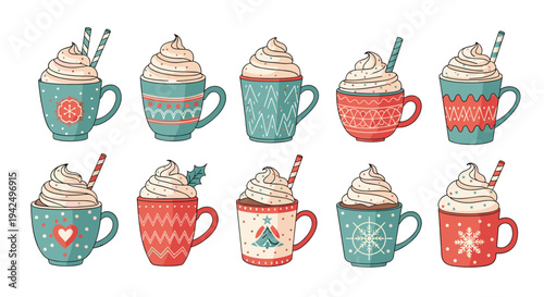 Assorted collection of festive holiday mugs filled with hot chocolate and topped with whipped cream and decorative straws.