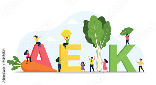 Educational concept illustrates essential vitamins A, E, and K with large letters surrounded by people and healthy vegetables.