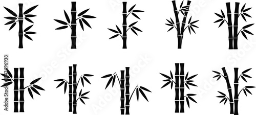 Vector icon set of bamboo stalks and leaves featuring black silhouettes of tropical zen plants oriental nature elements and asian forest trees for spa design
