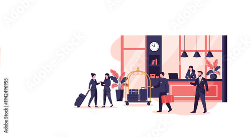 Busy hotel lobby features guests arriving with luggage while professional staff manages the reception desk and bellhop services.