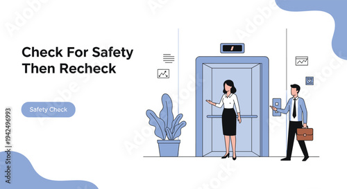 Safety check concept depicts a professional woman standing by an open elevator while a man with a briefcase prepares to enter.