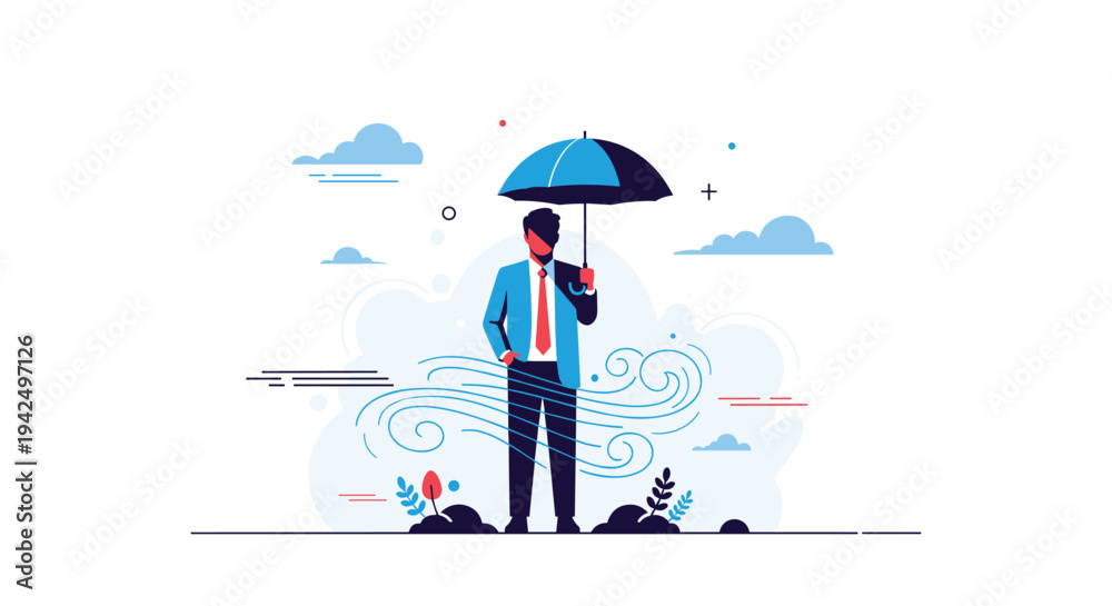Obraz premium Resilience and protection concept depicts a professional businessman standing firm with a blue umbrella during a windy storm.