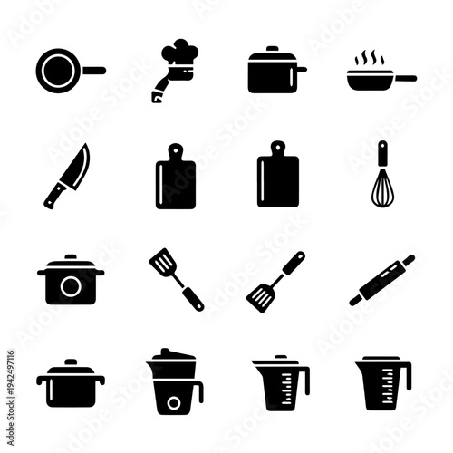 Collection of kitchen utensils and cookware displayed neatly on a clean background