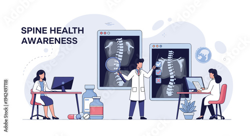 Spine health awareness concept features medical professionals analyzing x-ray images of the human spine and checking patient records.