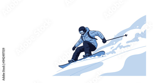 Adventurous individual skillfully snowboards down a steep snowy mountain slope during a bright and cold winter day.