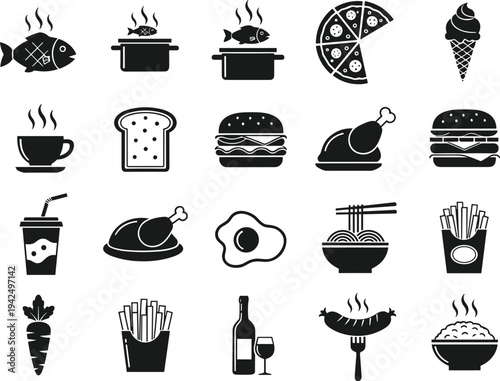Vector icon set of food and beverage symbols featuring pizza burger fish chicken ice cream coffee noodles french fries and breakfast items for restaurant menu design