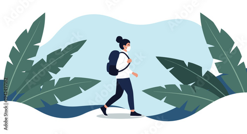 Young woman wearing a protective face mask and carrying a backpack walks through a path surrounded by large tropical leaves.